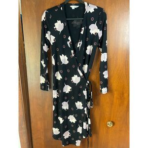 Boden Long Sleeve Wrap Dress Black Floral Print Knee Length European Chic Size 6